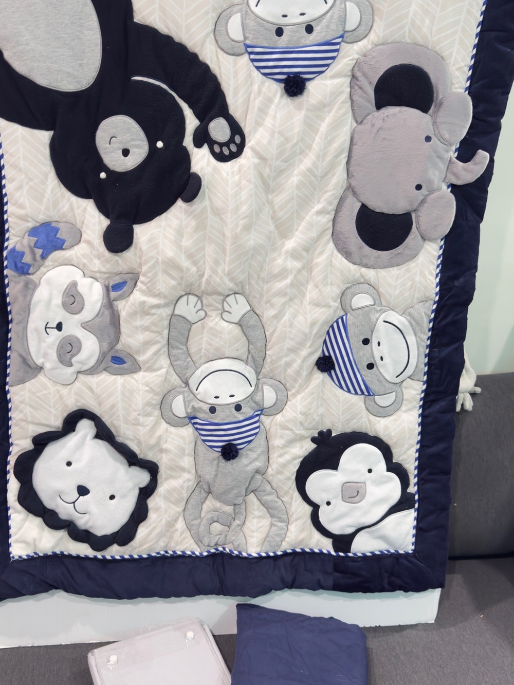Plush Animal Patchwork Kids Quilt - Navy, Gray & Cream